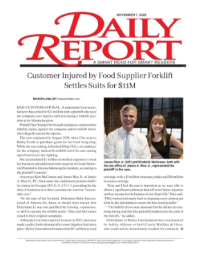 Customer Injured by Food Supplier Forklift
Settles Suits for $11M